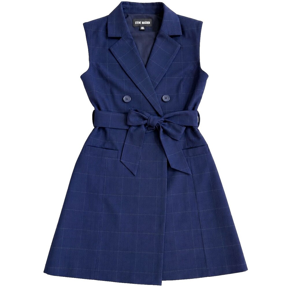 Steve Madden XS Navy Windowpane Blazer Dress Sleeveless Belted Double Breasted